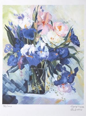 a painting of flowers in a vase on a table