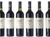six bouteilles de vin rouge sont alignées