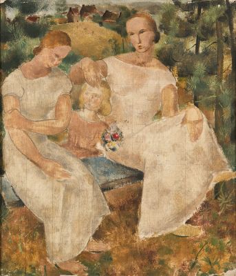 une image représentant un tableau où l'on voit trois femmes et un enfant assis sur un banc