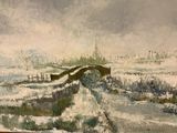 a painting of a snowy landscape with a bridge in the distance
