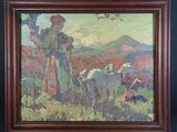 an image of a painting of a man with sheep in a field