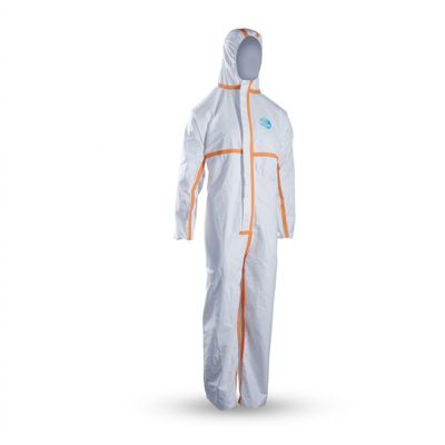 a white and orange coverall with a hood on it