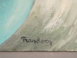 a painting of a surfboarder riding a wave in the ocean