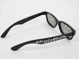sunglasses with a black frame and a white logo on the side