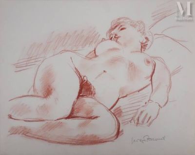drawing of a nude woman laying on a bed with her head on the pillow
