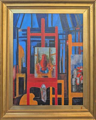 an image of a painting of a red chair in a room