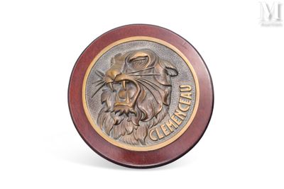 une image représentant une tête de lion en métal sur une plaque en bois