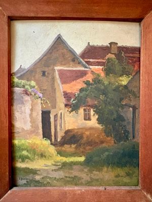 une peinture à l'huile représentant une scène de ferme avec une grange en arrière-plan