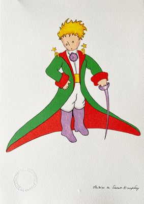 an image of a drawing of a little boy in a green coat and purple pants