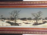 tableau représentant un paysage enneigé avec des arbres et un moulin à vent au loin