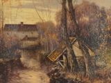 l'image d'une peinture représentant une rivière avec une maison à l'arrière-plan