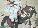 a painting of a man riding a horse with a sword