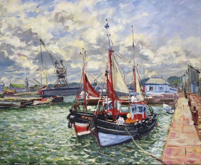 une peinture représentant un bateau dans l'eau près d'un quai