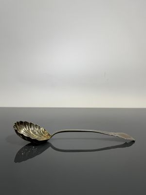 cuillère en argent avec un manche en forme de feuille sur un fond noir
