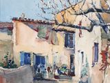 an image of a painting of a street with a building in the background