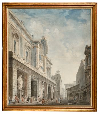 une image représentant une peinture d'une scène de rue avec des personnages et des bâtiments