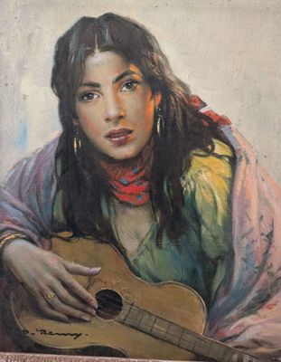 tableau représentant une femme tenant une guitare dans ses mains