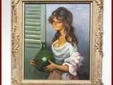 un tableau représentant une femme tenant un vase devant une fenêtre