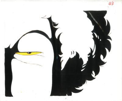 un dessin en noir et blanc représentant un chat avec un œil jaune