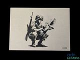 drawing of a soldier with a rifle and a fan in his hand