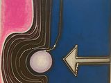 painting of a blue and pink painting with an arrow pointing to a white ball