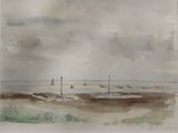 a watercolor painting of a beach with boats in the water