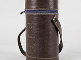 brown leather flask with a blue stripe on the side