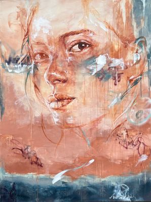 abstract painting of a woman ' s face with birds flying around her