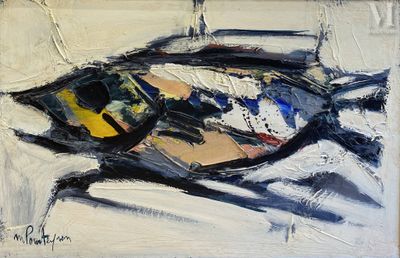 peinture abstraite représentant un oiseau sur un fond blanc, avec un bec noir et jaune