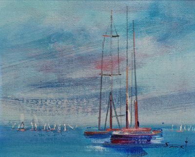 une peinture représentant un voilier naviguant sur l'océan