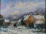 une peinture à l'huile représentant des personnes marchant dans une rue enneigée d'un village