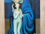 un tableau représentant une femme tenant un bébé dans ses bras, assise sur une chaise