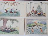 many cards with pictures of children playing in the park