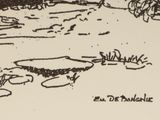 drawing of a landscape with a river and a bridge