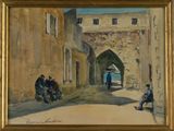 painting of a man sitting on a bench in front of a building