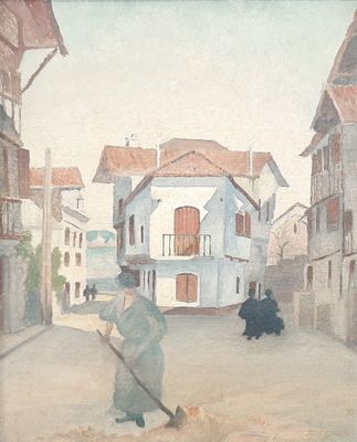 un tableau représentant un homme qui promène son chien dans la rue