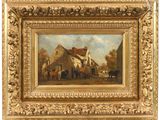 an oil painting of a farm scene with cows and a house