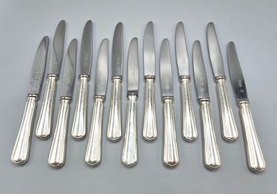 six silverplated knives and six knives on a white surface