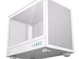 the front of a white computer case with a window on a white background