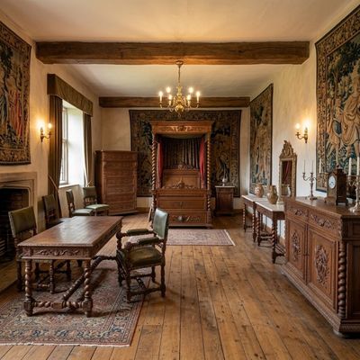 une grande pièce avec une cheminée et une grande tapisserie accrochée au mur