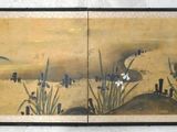 peinture représentant un paysage avec une rivière et des fleurs au premier plan