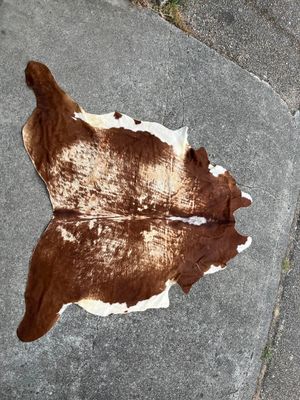 a brown and white cow skin on the ground