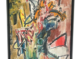 a painting of flowers in a vase on a table