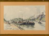 a picture of a painting of boats on the water