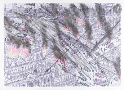 un dessin représentant un avion survolant une ville