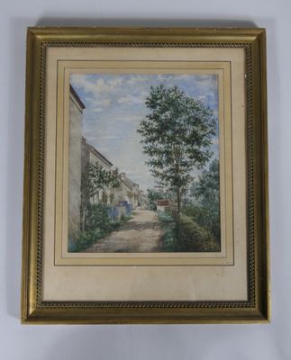 un tableau représentant une rue avec des maisons et des arbres, dans un cadre doré
