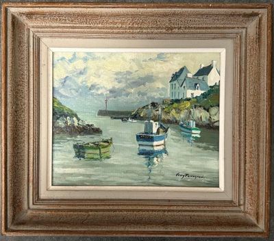 tableau représentant un bateau sur un plan d'eau, avec une maison en arrière-plan