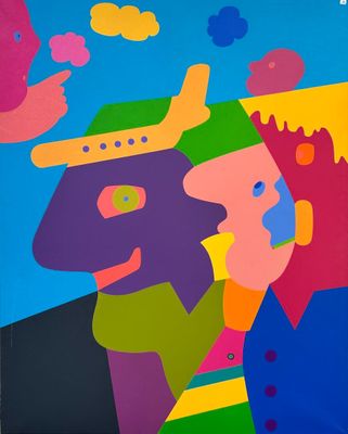 an image of a painting of a man and a woman on a blue background