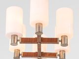 an image of a wooden and glass chandelier hanging from a ceiling