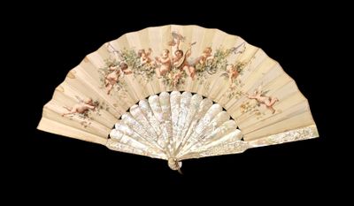 a white fan with a painting on it on a black background